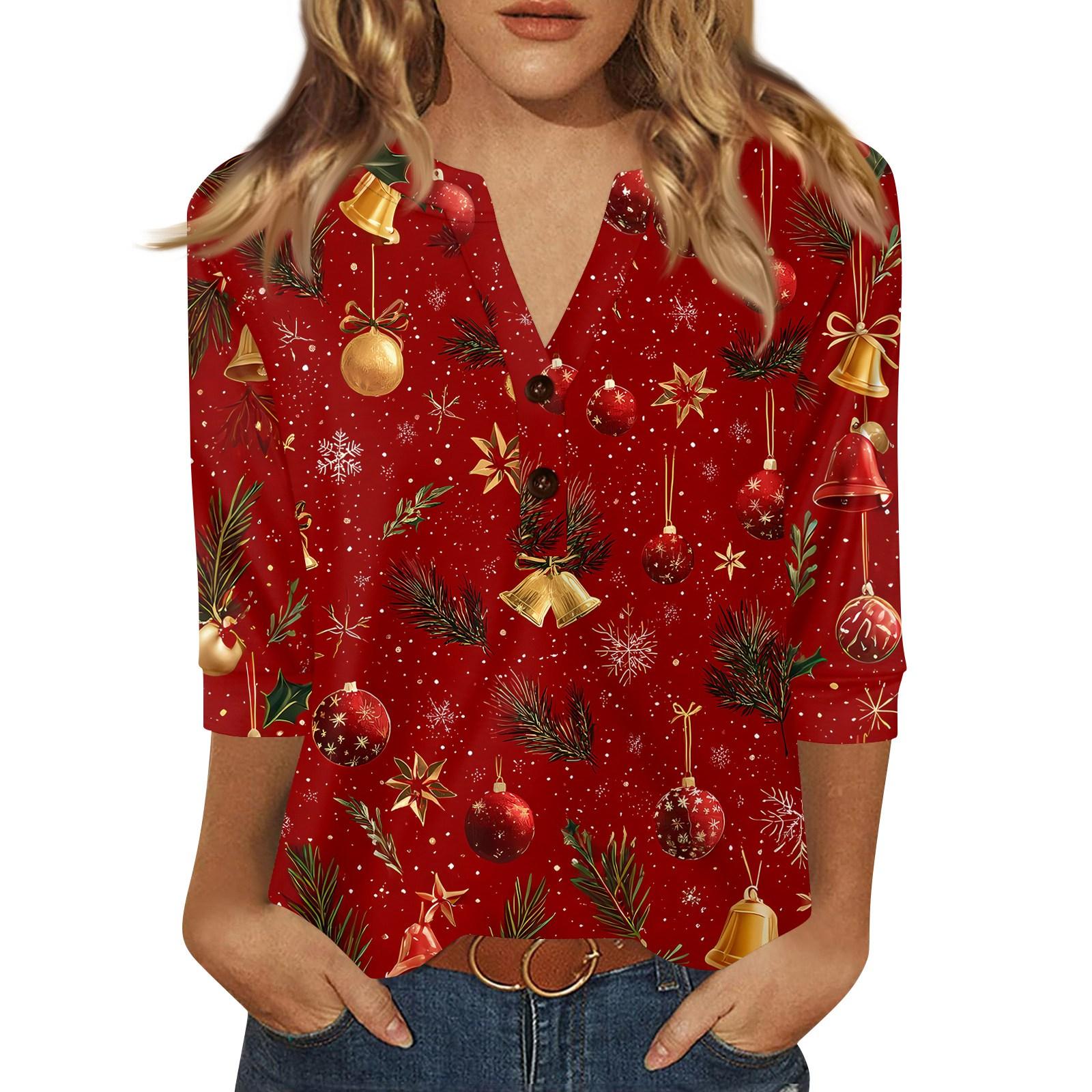 

Женская футболка с рождественским принтом, на пуговицах, рукав 3/4, повседневная, выходного дня, модная, базовая, с V-образным вырезом, стандартный топ XXL винный