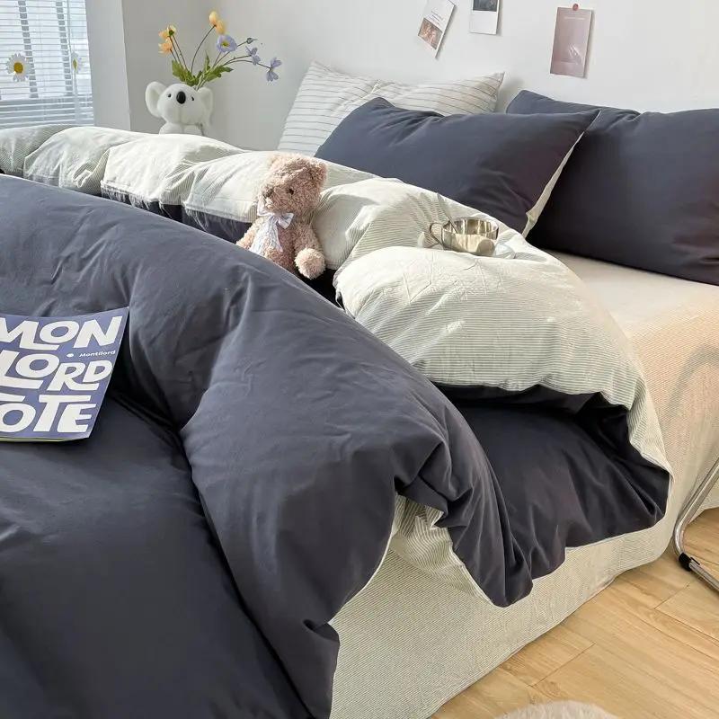 INS Plaid Bedding Set Pink Green Bed Linens Nordic Duvet Cover Pillowcase Queen Size Flat Sheet Adults Kids Bedclothes