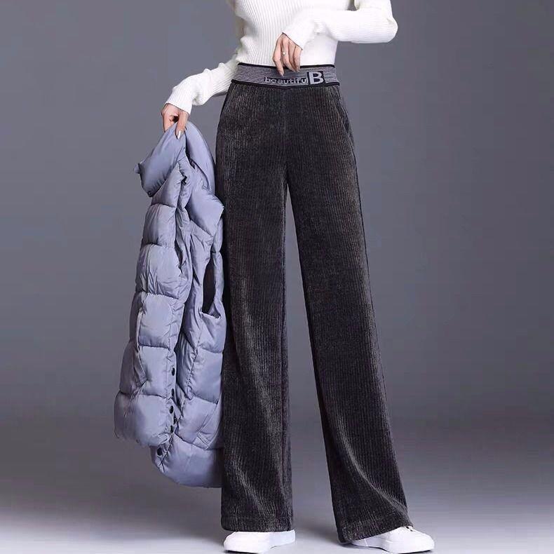 Fleecing Thick Warm Stripes High Waist Corduroy Straight Wide Leg Long Pant Women Winter Casual Trouser