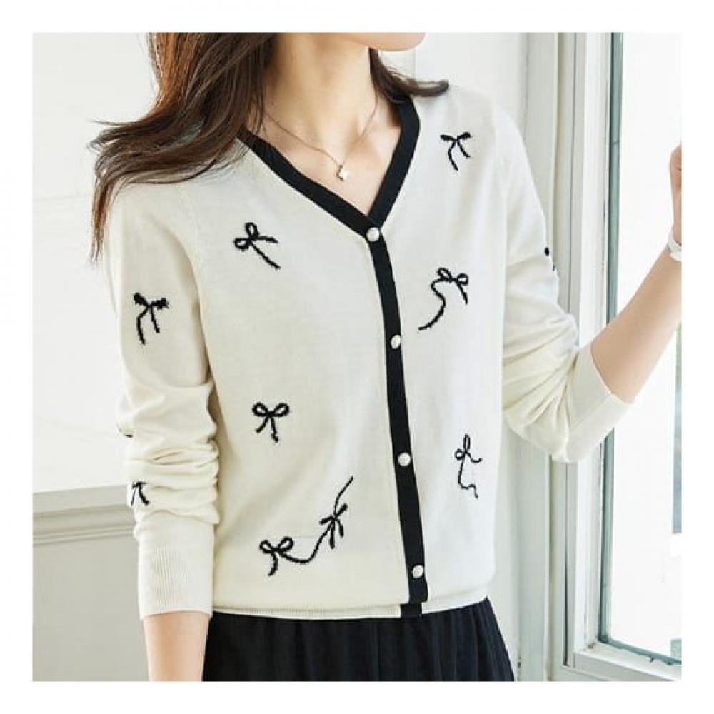 NaVaVa V Neck Ribbon Pattern Long sleeVe Knit Cardigan Nk1969