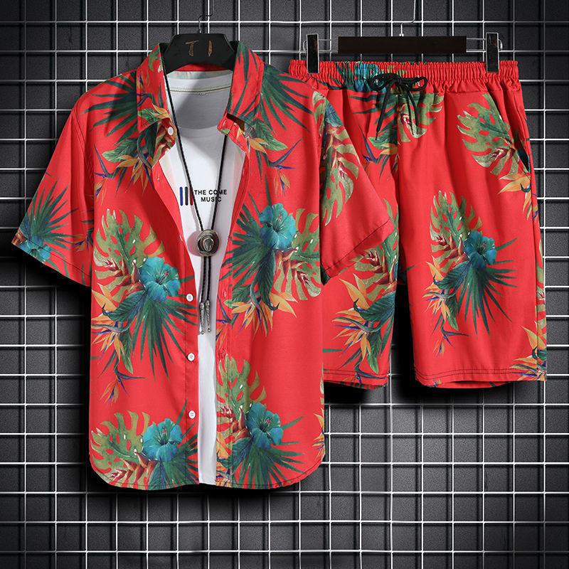 Hawaii Beachwear: Men's Trendy Casual Set - Short Sleeve Floral Shirt & Shorts Outfit