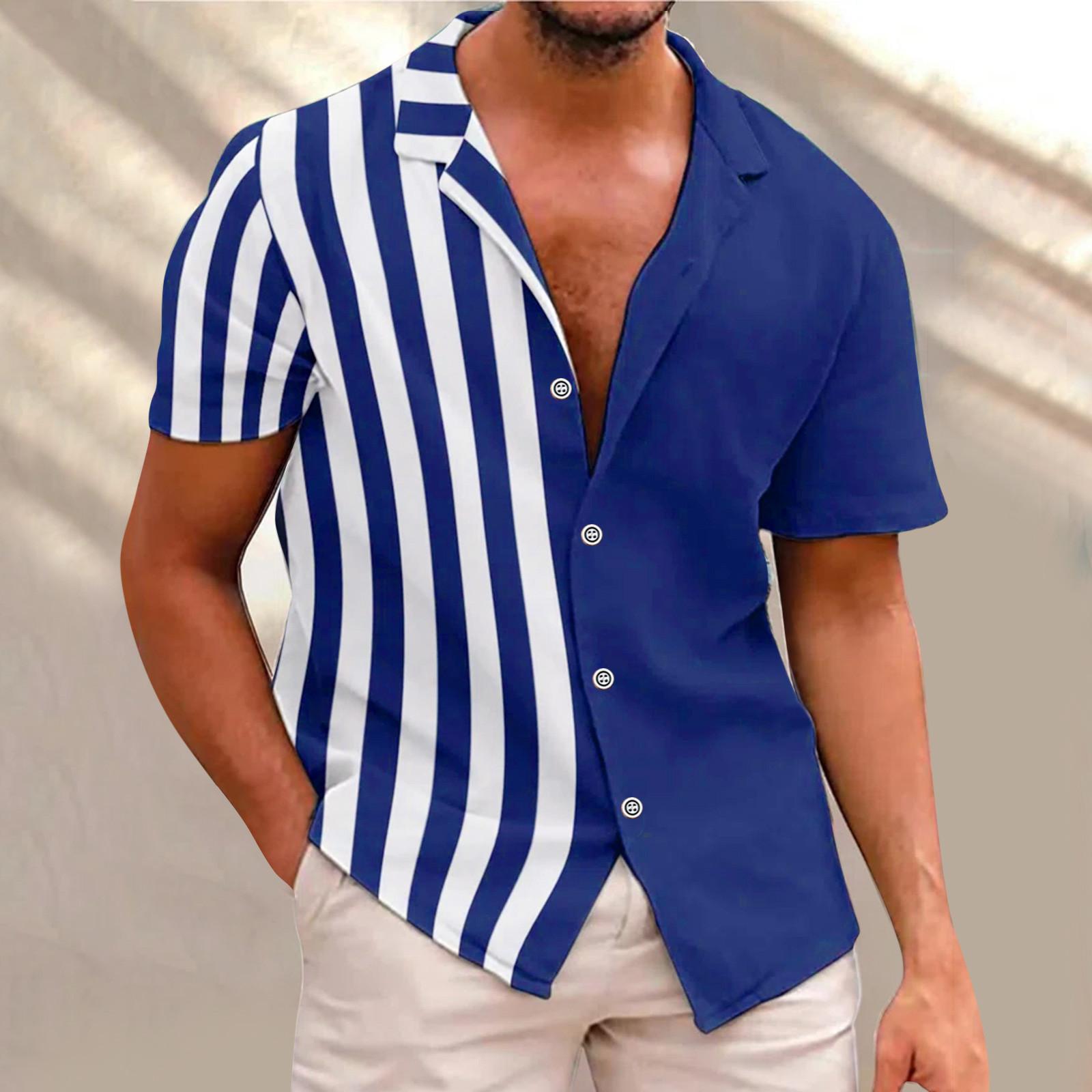 

Мужская мода в этническом стиле с коротким рукавом, повседневная гавайская рубашка с принтом, блузка, футболка L синий