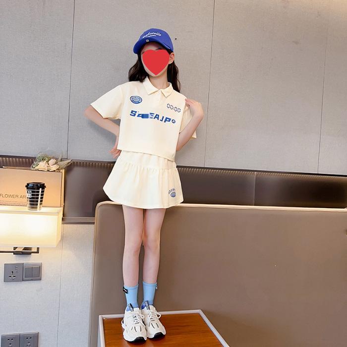 Girls' Summer 2024 Polo Collar Letter Top & Pants Set