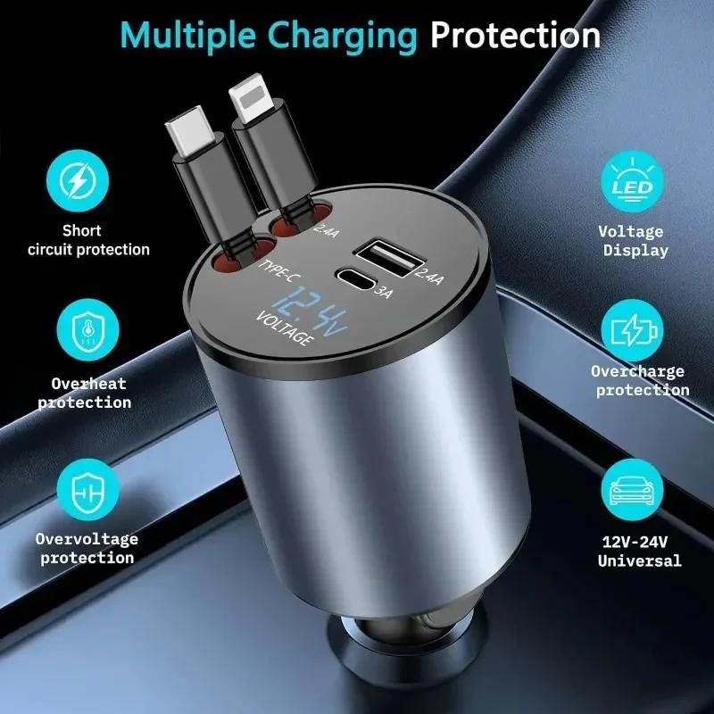 VIKEFON 4 In 1 120W Car Charger Retractable with Dual Retractable Cable Dual USB Ports Car Charger for iPhone 15 14 13 Pro Max