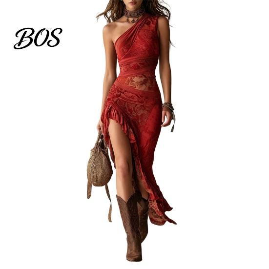 Asymetrické plisované šaty Dámské s květinovým potiskem Bez rukávů Jedno rameno Šaty, Rozpark Dámské Volánkový lem Bodycon Vintage Západní Boho Maxi Letní