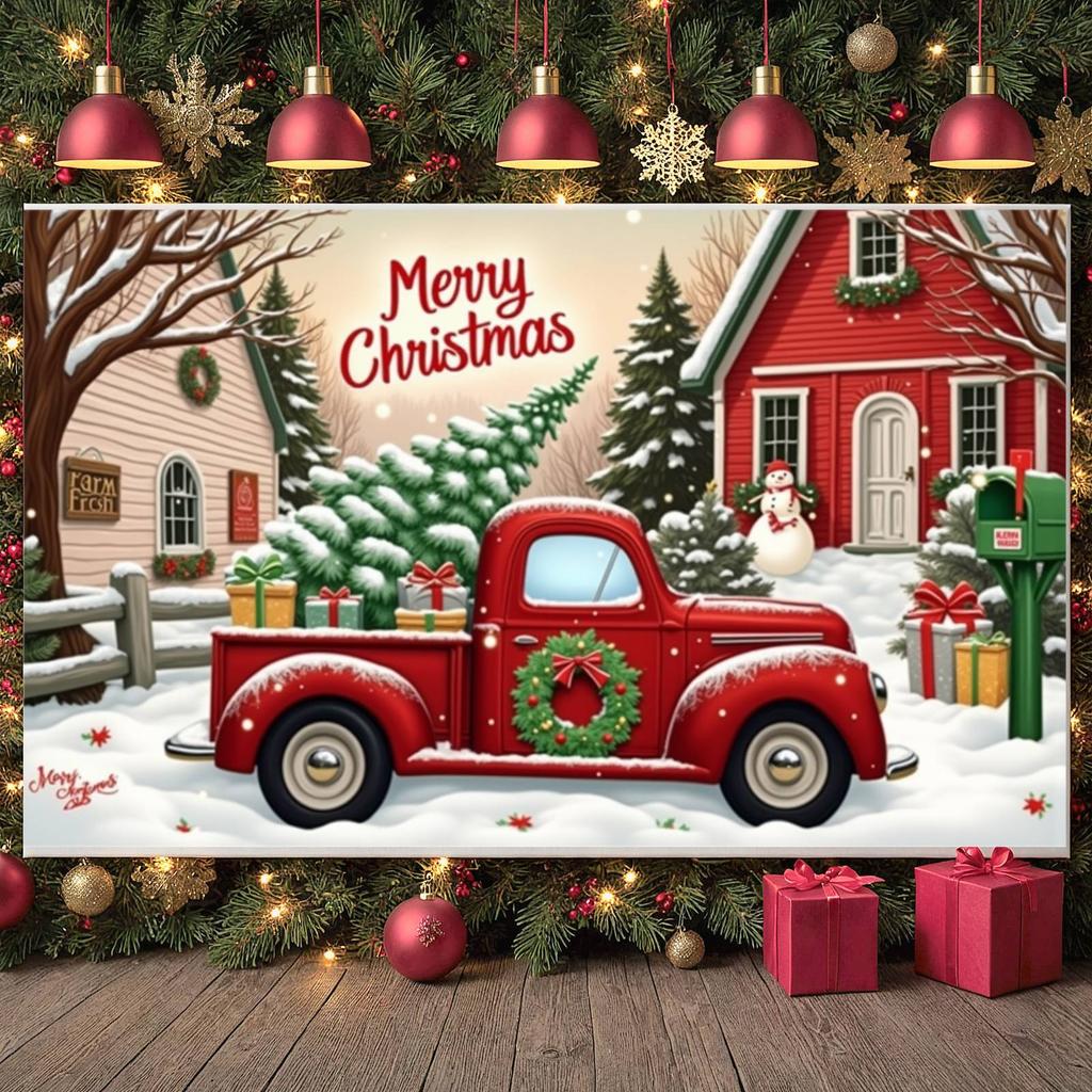 Winter Holiday Banner Red Truck Design Xmas Display Holiday Backdrop Wreath Ornament Snowy Christmas Backdrop For Christmas