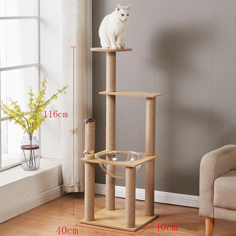 Solid Wood Sisal Cat Tree with Space Capsule and Scratch Board
