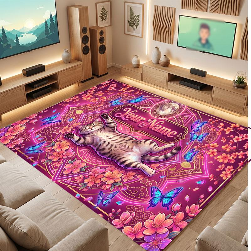 Cat Theme Crystal Velvet Floor Rug Personalized Custom Name Text Warm Carpet Home Decoration