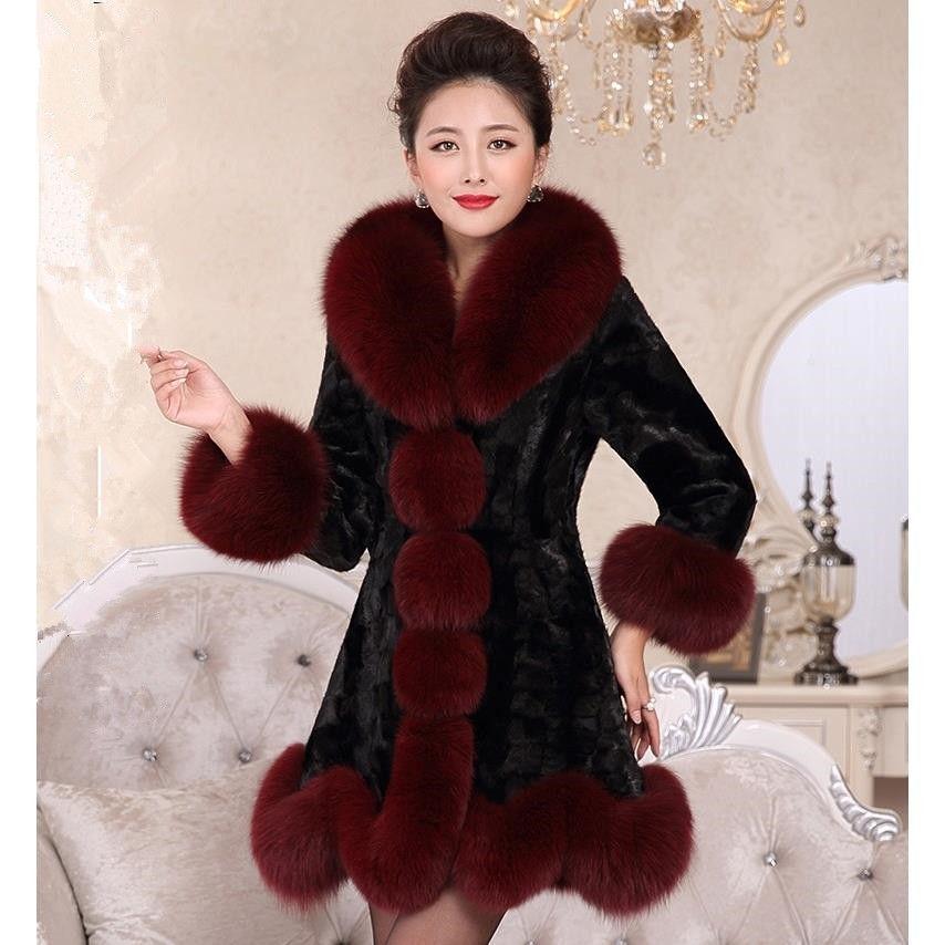New imitation mink coat fur coat medium and long imitation fox fur collar women winter thickened medium