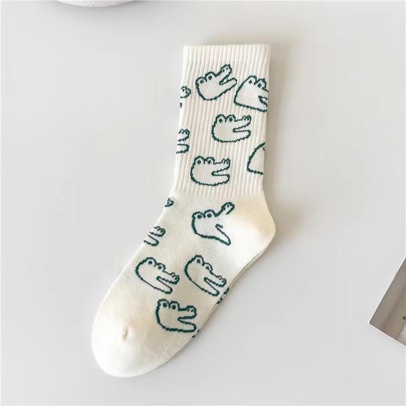 Spring Summer Green Smiling Face Women Socks Cotton Kawaii Korean Japanese Designer Socks Cartoon Dinosaur Socks