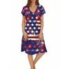 Women's Casual Fashion V-Neck Short Sleeve Floral Print Midi Flowing Dress