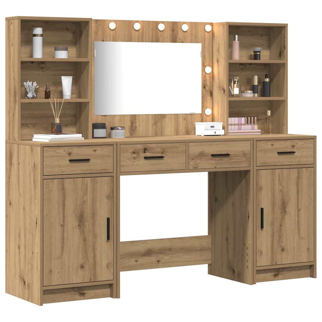 Makeup Table Set with LED 3 pcs Artisan Oak Wood Based Material