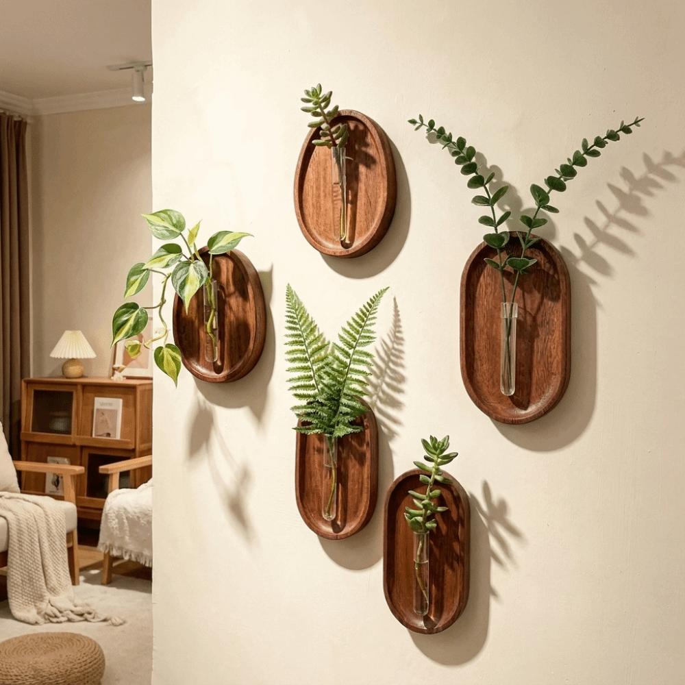 Space Saving Wall Mounted Vase Solid Wood Oval Tube Wall Vase Plant Container DIY Plant