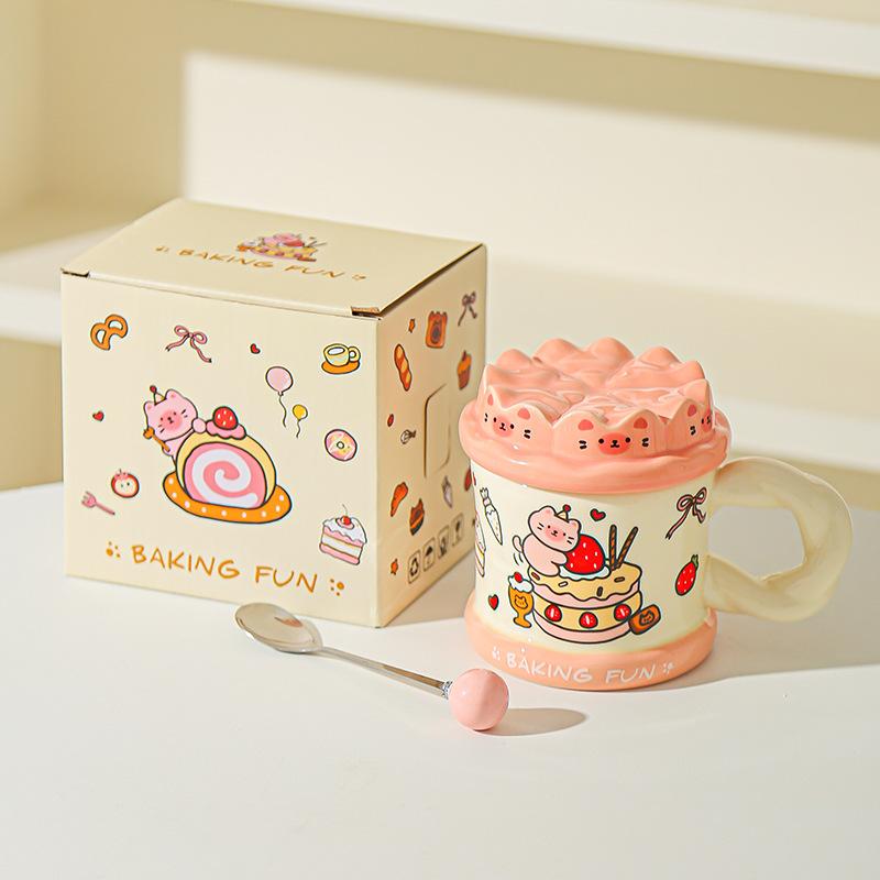 Hand drawn Birthday Cake Cute Cat Mug Office High Looking Girl Water Cup with Lid Home Couple Ceramic Cup