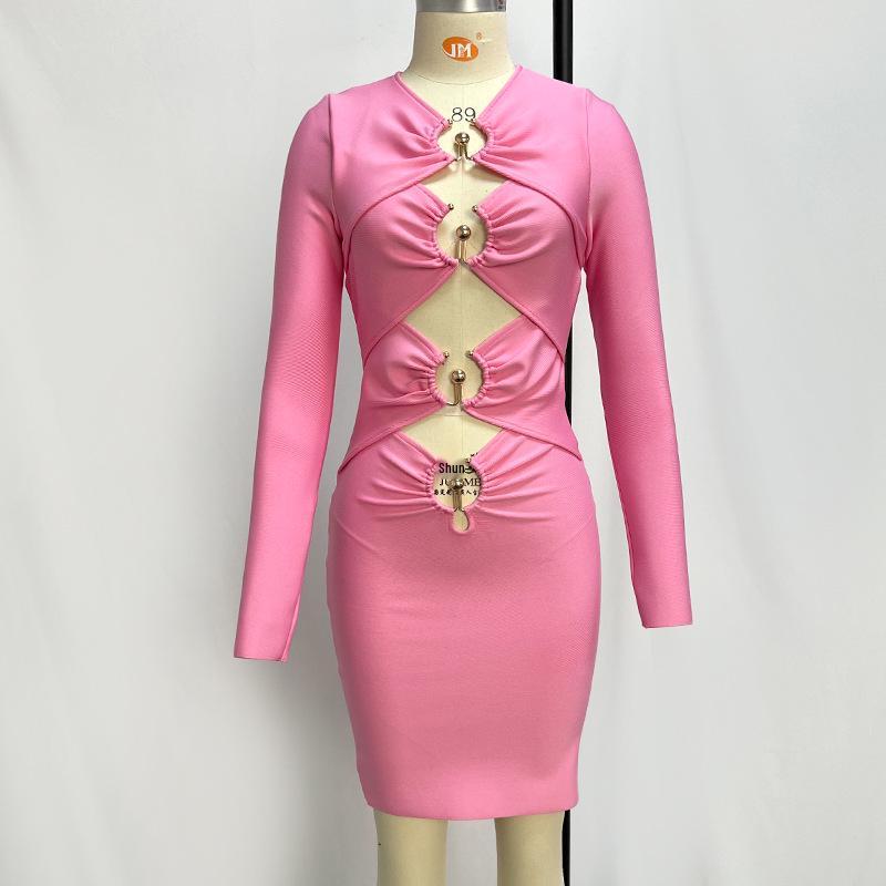 2023 Evropský a Americký Styl Dutý Design Crop Top Obvazové Šaty - Dlouhý Rukáv Bodycon Večerní Šaty pro Ženy
