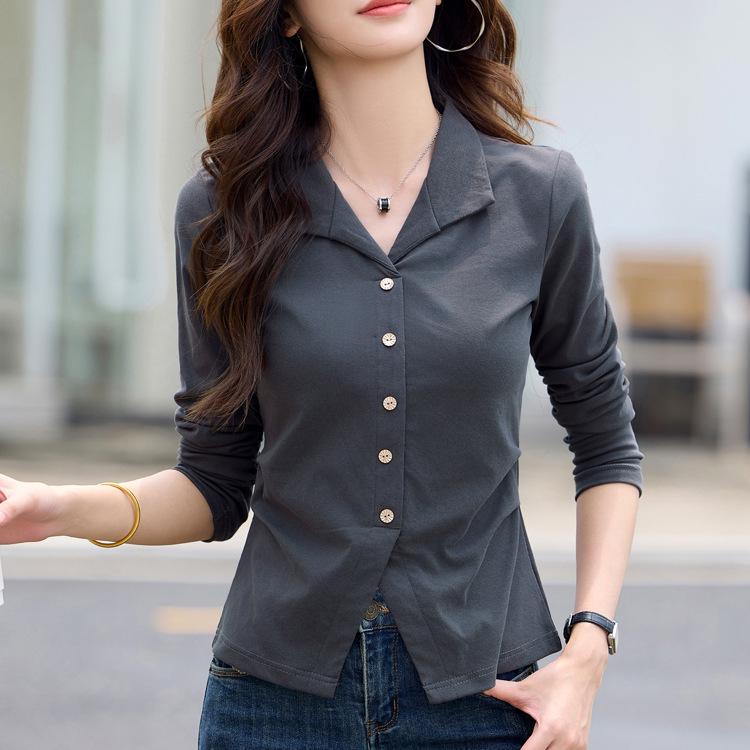 

Женская стильная плиссированная футболка с лацканами на пуговицах - Приталенная с длинным рукавом для весны/осени 2025 L (105-115 jin)