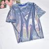 Top Corto Scintillante Stile Coreano - T-shirt da Performance Trendy Luminosa a Maniche Corte Larghe da Donna