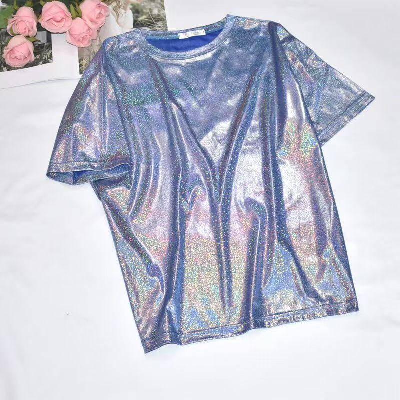 Top Corto Scintillante Stile Coreano - T-shirt da Performance Trendy Luminosa a Maniche Corte Larghe da Donna