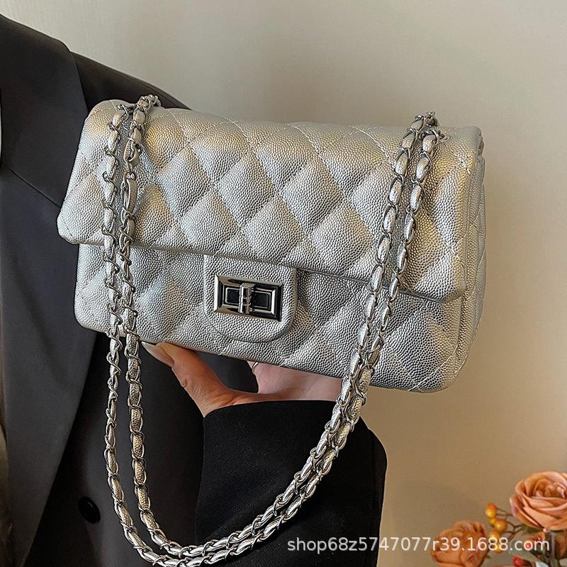 Lingge embroidery thread shoulder bag bag women's 2025 new silver small square bag ins texture niche PU chain underarm bag