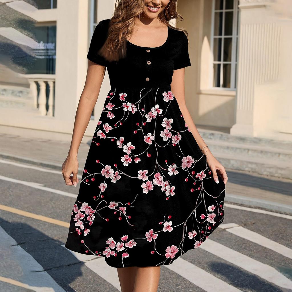 Fashion Women Summer Vintage Floral Dress Elegant Short Sleeve Midi Dress