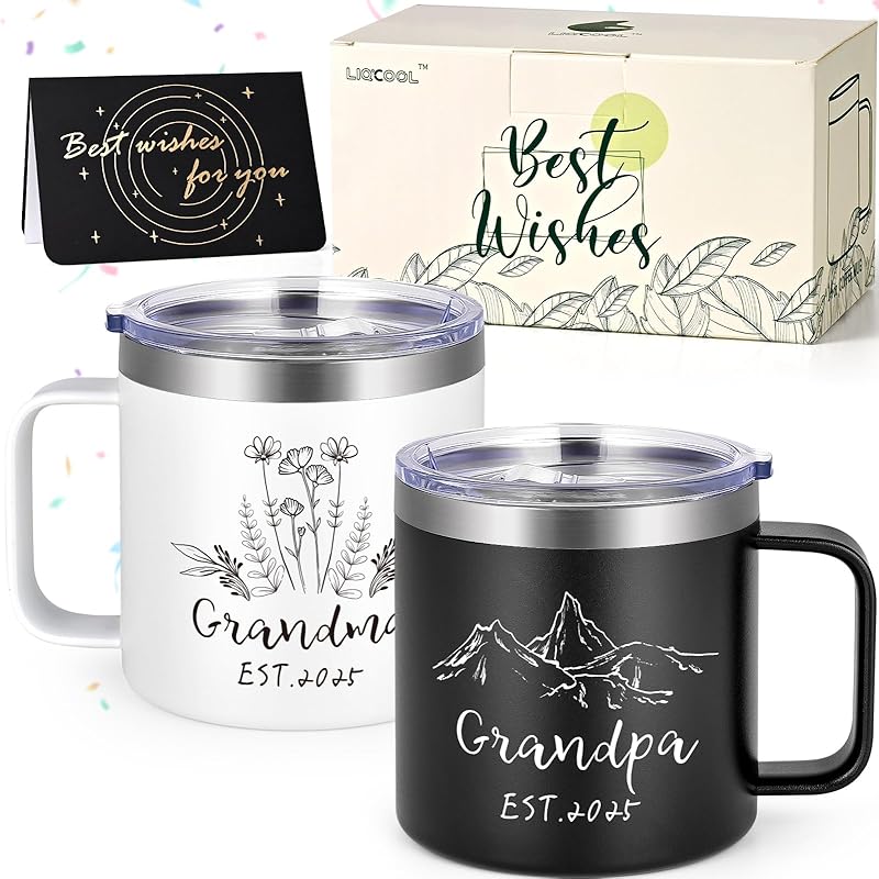 LiqCool Grandparents Gifts for Pregnancy Announcement, Promoted to Grandparents 2025 14 Oz Insulated Mugs, Christmas Gifts for New Grandparents, black&white-1