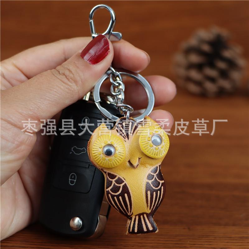 First Layer Cowhide Creative Owl Bag Car Keychain Pendant Animal Doll Jewelry Cute Little Gift