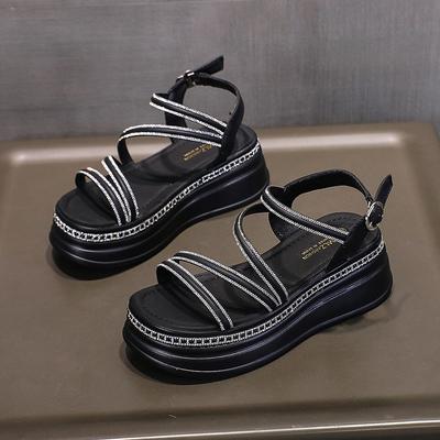 Fashion Waterproof Platform Sandals Summer New Round Head Thick Sole Crystal Thin with Soft Sole Non-slip Mid-heel Shoes