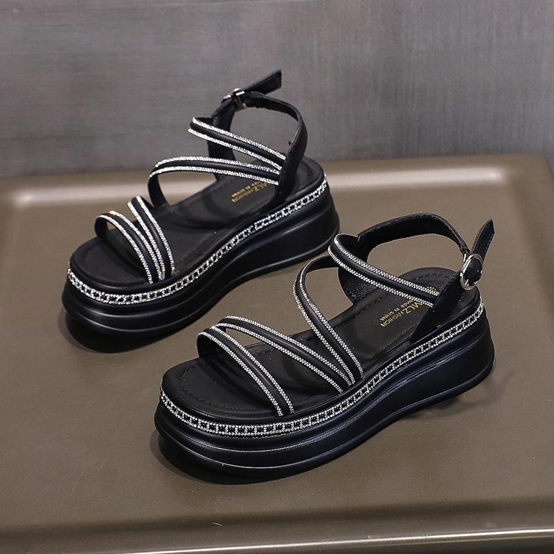 Fashion Waterproof Platform Sandals Summer New Round Head Thick Sole Crystal Thin with Soft Sole Non-slip Mid-heel Shoes