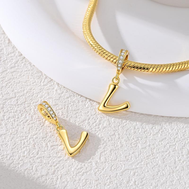 Copper Charms Golden Zircon Alphabet A-Z Beads Pendants Dangles Fit Original Charm Bracelet Women Diy Gift Jewelry