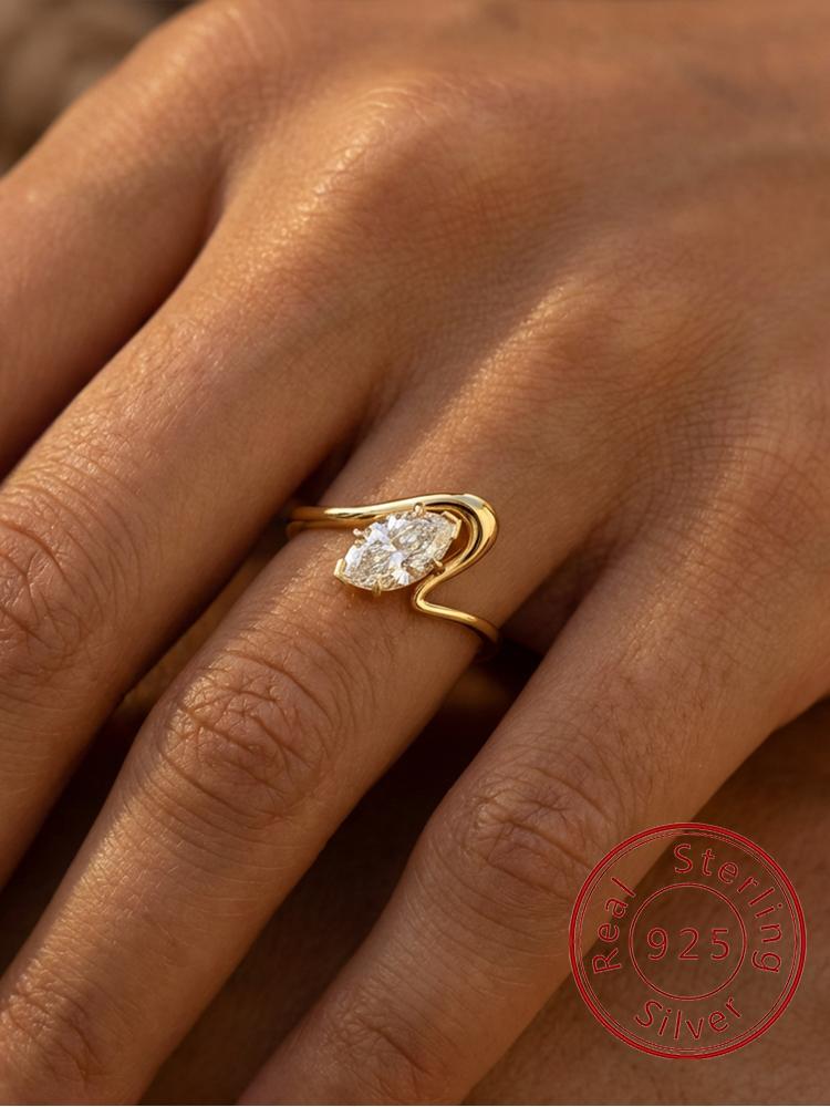 925 Silver Simple Ripple Marquise Zircon Ring For Women Engagement Anniversary Wedding Party High Quality Fine Jewelry