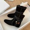 Mode Herbst/Winter Kuhveloursleder Damenstiefel Schuhe mit runder Zehenpartie für Damen Mode Stiefel Interne Höhenerhöhung Ethnischer Stil Kurze Stiefel