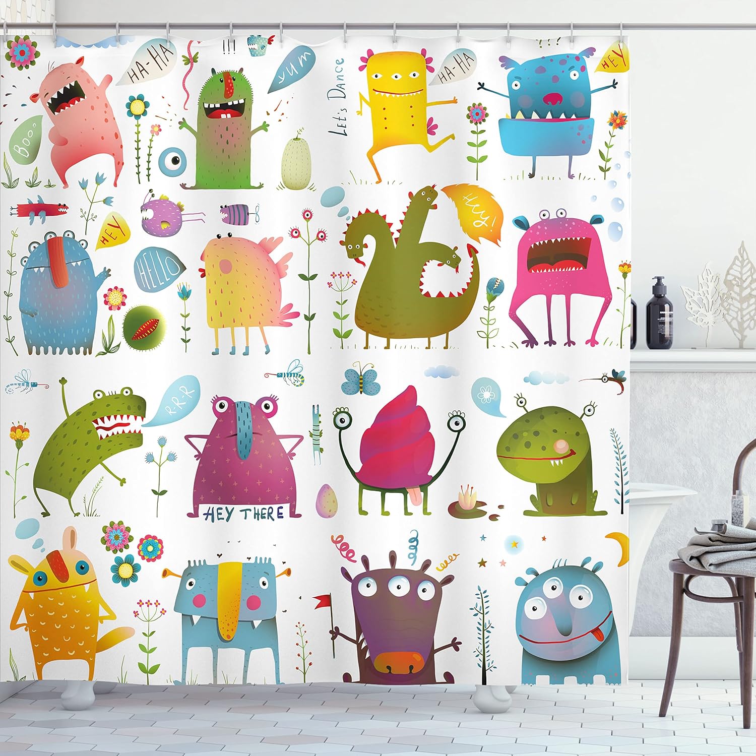 

Cute Cartoon Monsters Shower Curtain Kids Bathroom Decor Colorful Fun Design Playful Art Bath Accessories Waterproof Fabric W60H190(CM)-1 Pcs
