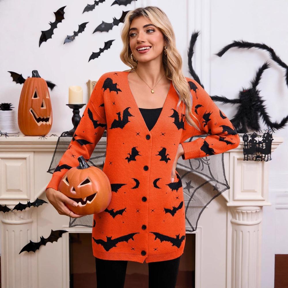 Women's V Neck Long Sleeve Halloween Bat Print Loose Fit Commuter Knit Cardigan