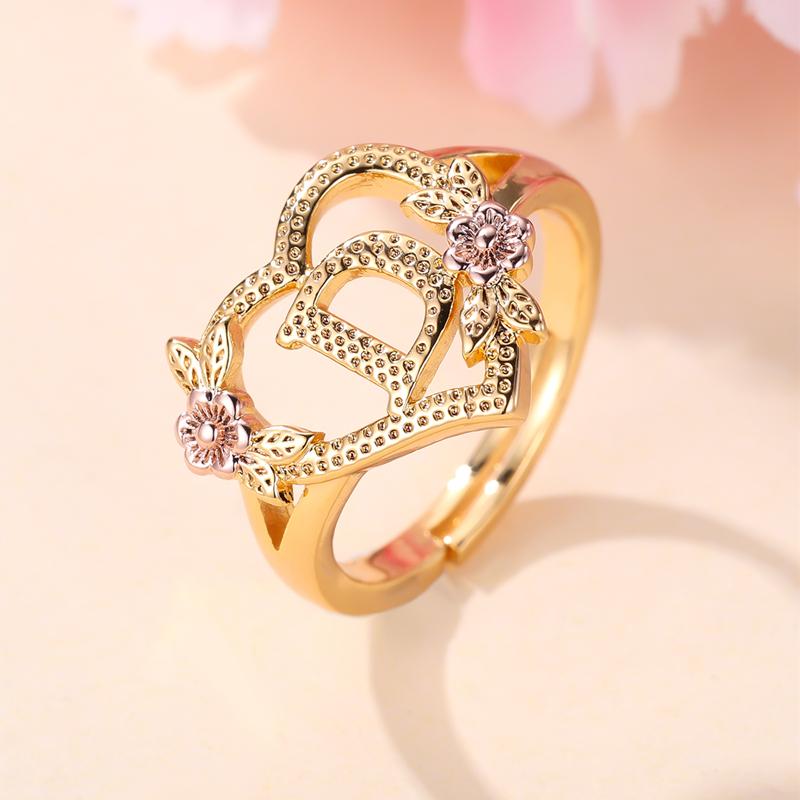 

Кольца с инициалами и цветком в форме сердца, регулируемые нежные кольца с буквами и листьями золотого цвета для женщин и девочек, ювелирные изделия с алфавитом D золотой