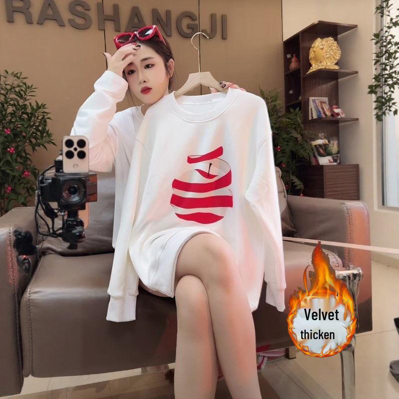 Women's Hip-Hop Hoodie, Loose Fit with Velvet, Chic for Spring and Autumn, Trendy and Thickened for Winter