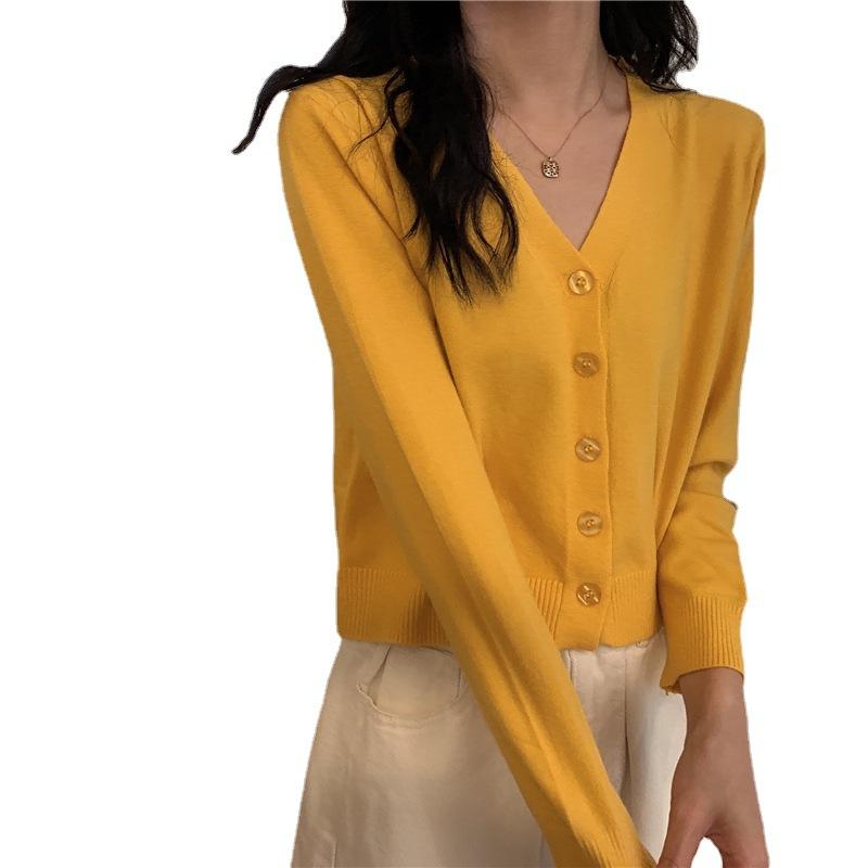 Korean Style Short V-neck Long Sleeve Thin Student Sweater for Women New Fashion Knitted Cardigan Coat Sweater