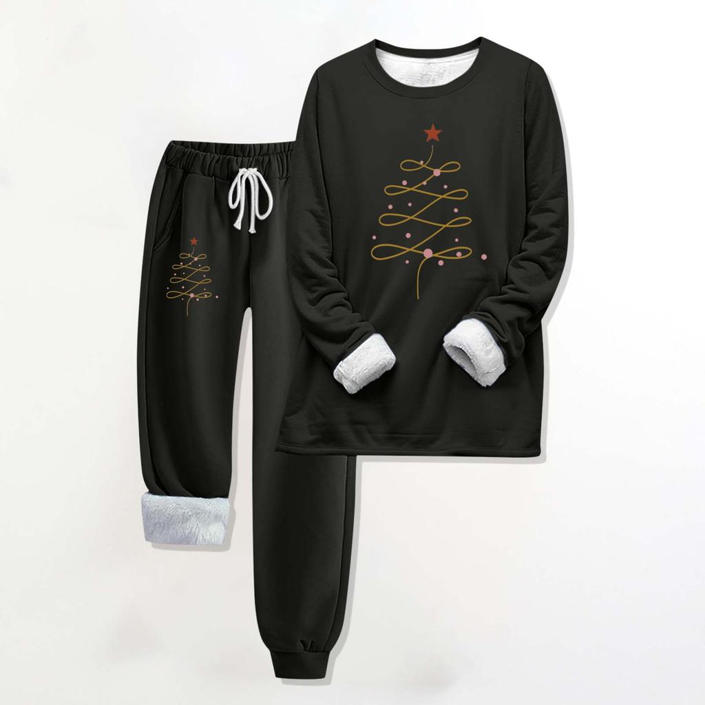 Two Piece Outfits For Women Warm Fleece Lined Jogger Set Crewneck Long Sleeve Christmas Printed Sweatshirts Drawstring Waist Sweatpants