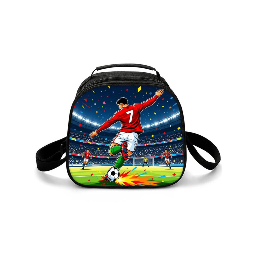 Football Shoulder Strap Circular Lunch Bag for Boy and Girls Best Gifts 2D Flat Cartoon School Bento Lunch Box Bag for Children