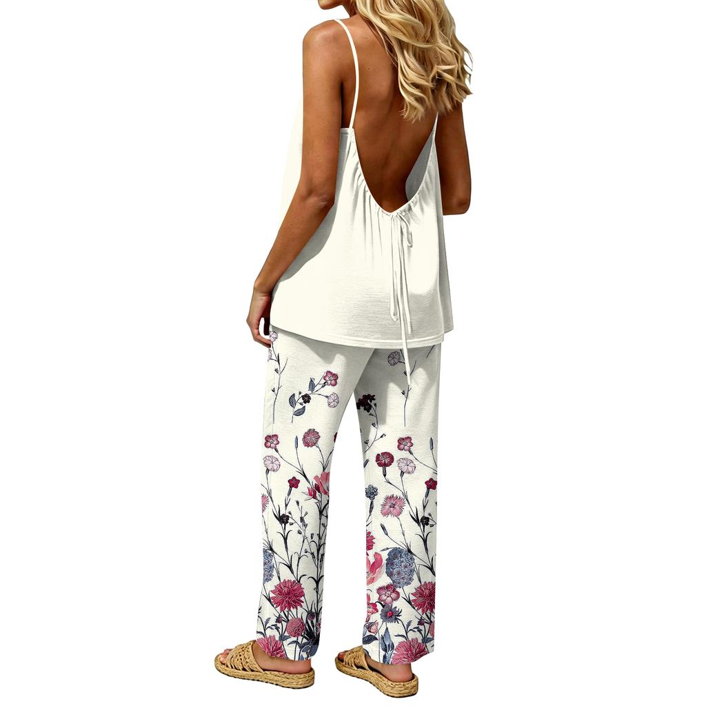 Women's 2 Piece Outfit Set, Casual Backless Sleeveless Top with Elastic Waist Long Pants, Suit No Pockets