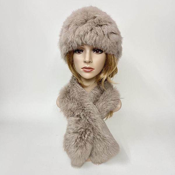 Winter Warm Rabbit Fur Hat Scarf Set Natural Fur Knitted Shawl High Elastic Women Beanie
