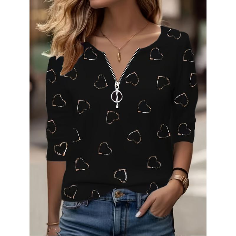 2026 Women's New Casual Heart Print Long Sleeve V-Neck Zipper T-Shirt