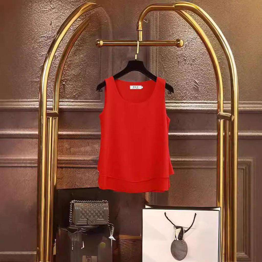 Dámský šifonový top plus size - Volný, bez rukávů, halenka zakrývající břicho