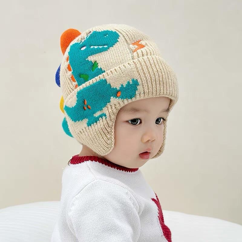 Winter Warm Baby Ear Protection Hat 3D Dinosaur Kids Earmuffs Cap Cartoon Toddler Woolen Knitted Hats 2-6 Years Children Beanie