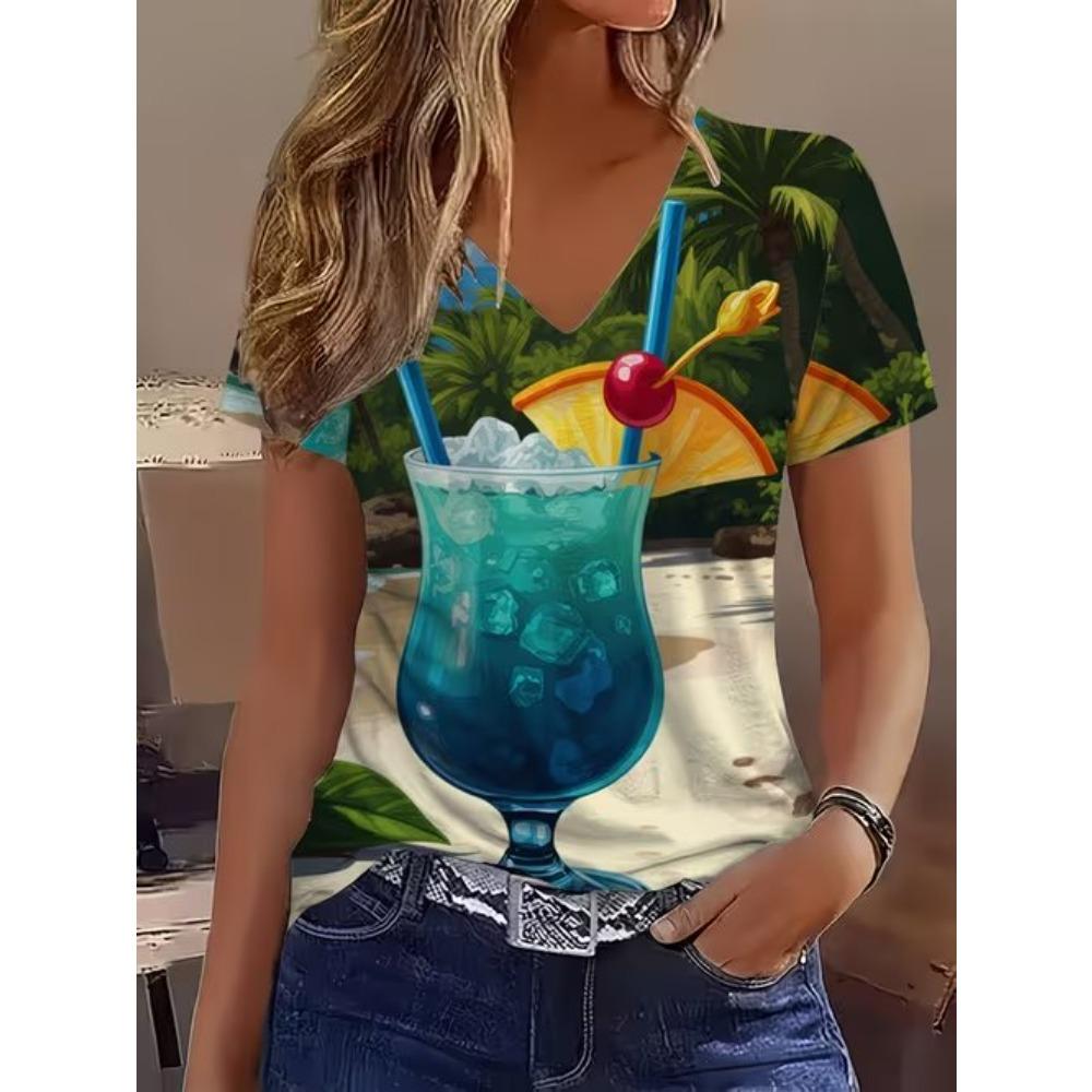 Women Summer T Shirt Vintage Flower Pattern Print Short Sleeve Tees Casual Printed Tops
