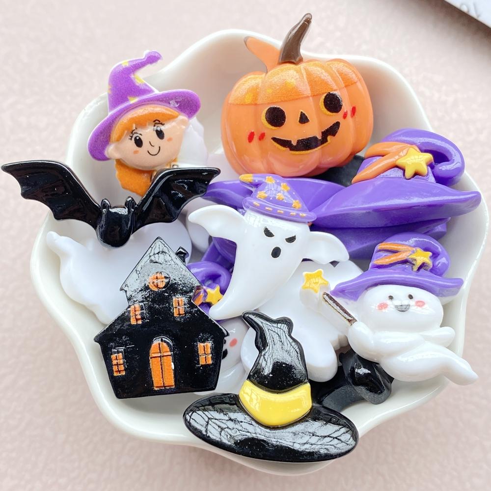 10Pcs New Cute Resin Cartoon Halloween Ghost, Pumpkin Series Flat Back Scrapbooking DIY Jewelry Craft Decoration Accessories
