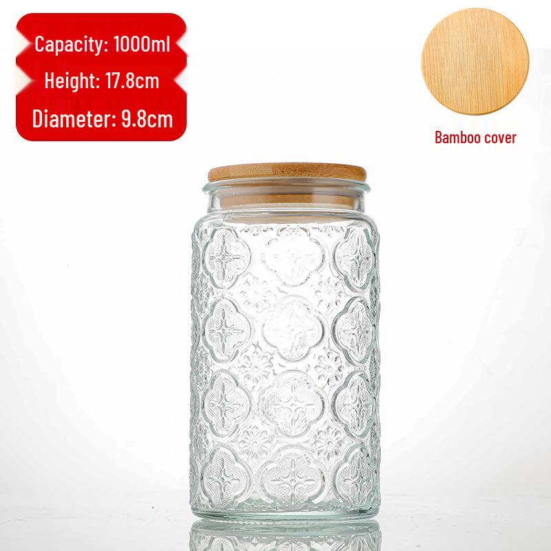 Cylindrical Embossed Glass Storage Jar with Wooden Lid for Dried Fruits and Grains