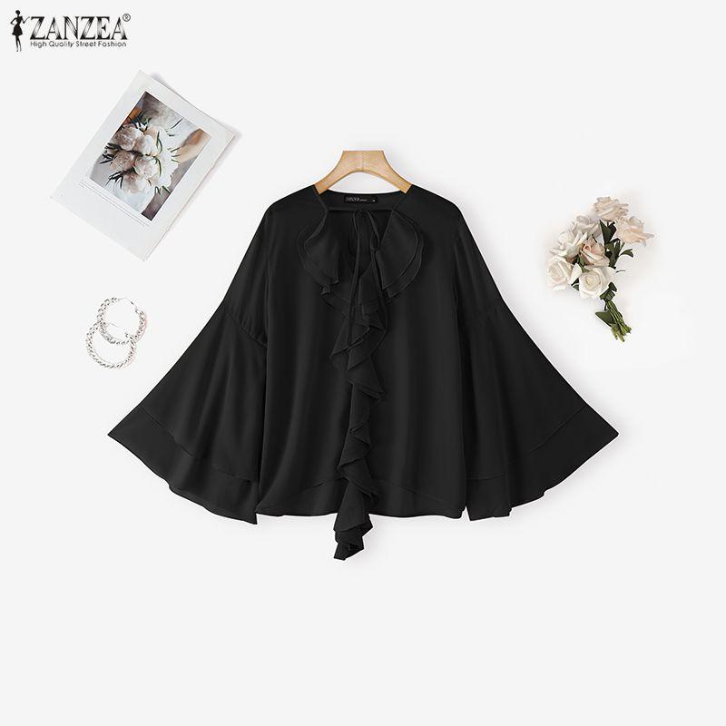 ZANZEA Blusa Elegante da Donna Casual con Scollo a V, Strati, Maniche a Svasatura, Semitrasparente, Larga