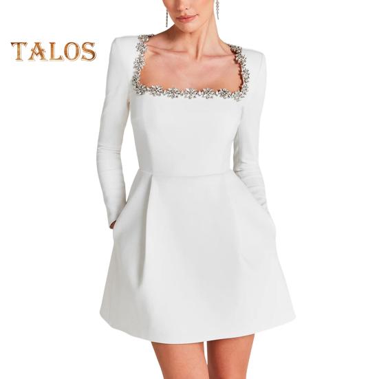 

Женское платье со стразами, квадратным вырезом, длинными рукавами, однотонное мини-платье А-силуэта, длиной выше колена, осенне-весеннее платье для свиданий и вечеринок S белый