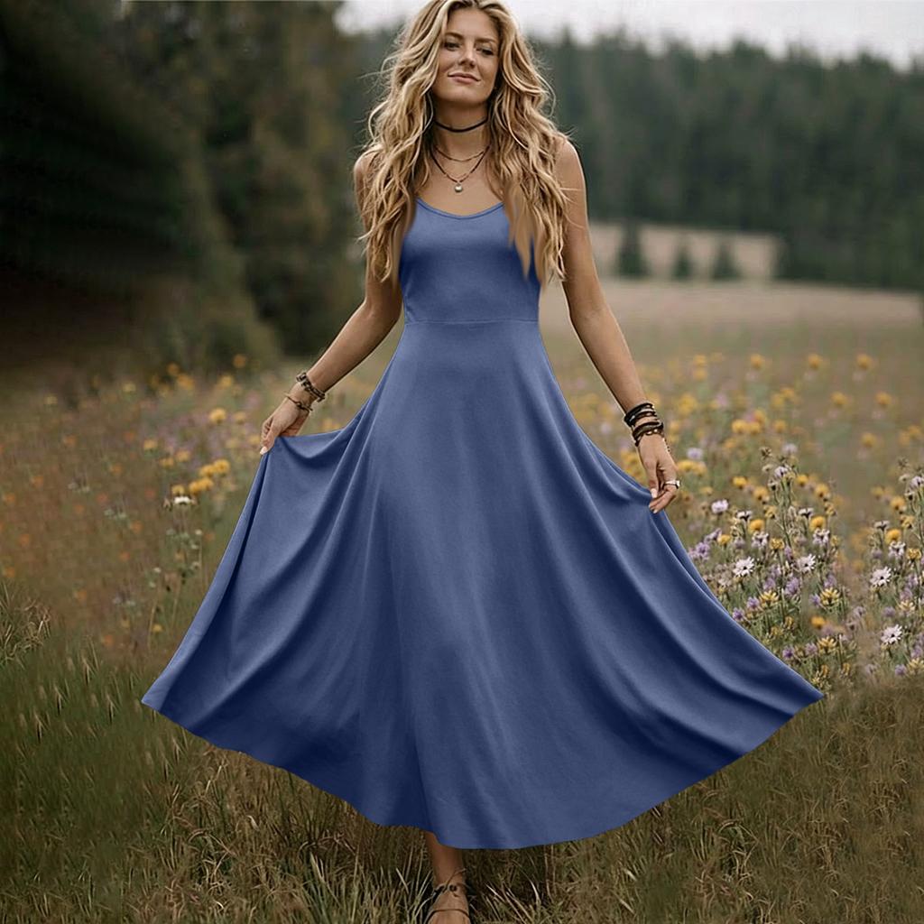 Women V Neck Sleeveless Long Dress Summer Spaghetti Strap Casual Loose Fit Maxi Dress Solid A Line Sundress