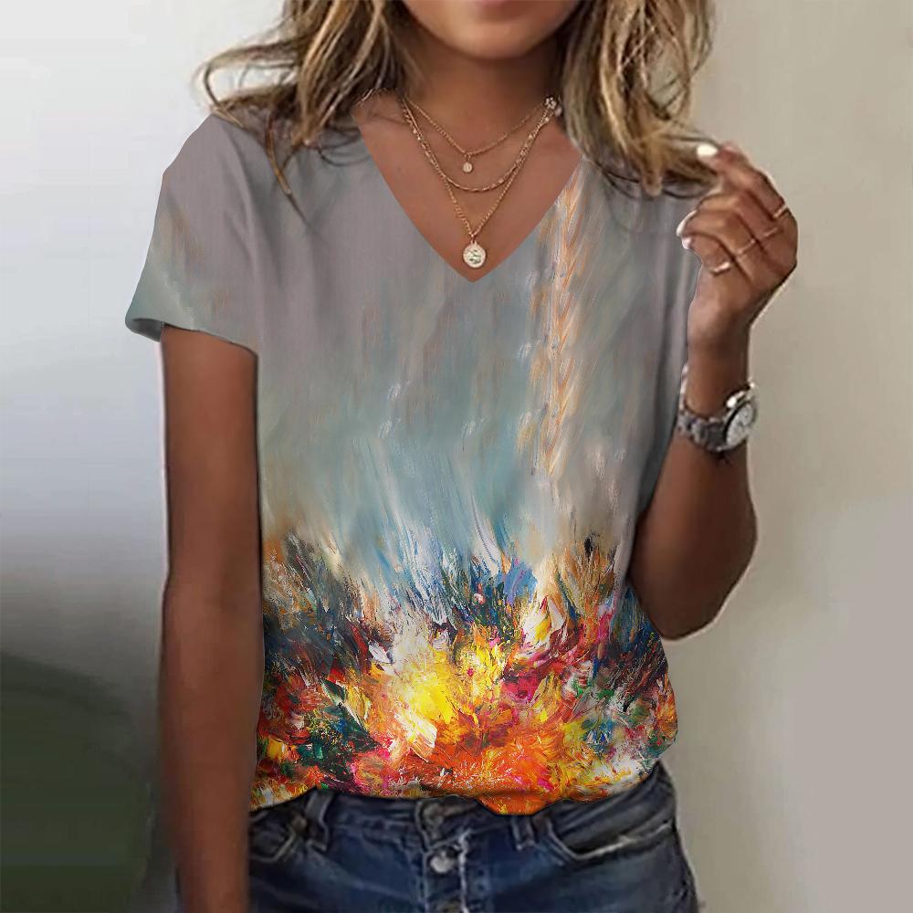 Floral Flower 3D Print T-Shirts Women's Summer V-Neck Short Sleeve T Shirt Street Y2K Casual Tees Harajuku Tops Female Clothing